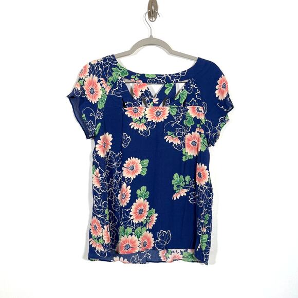 Anthropologie Maeve Blue Floral w/ Cutouts Short Sleeve Blouse Size 8 Boho - Picture 2 of 7